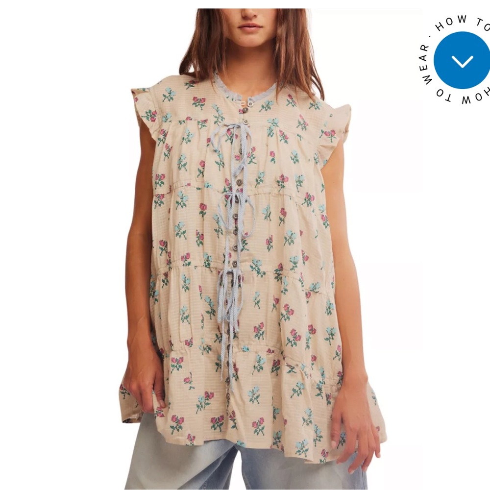Free People Cream Floral Button-Down babydoll Dress, Medium